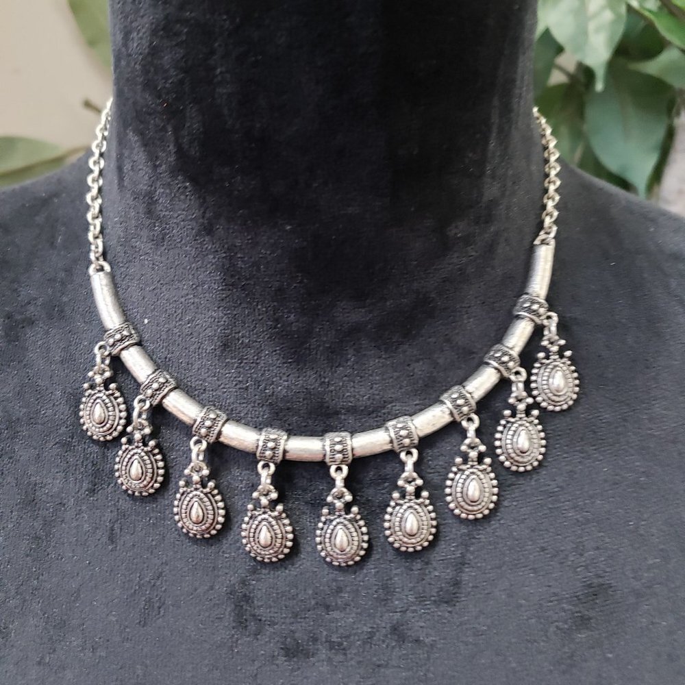 Women's Silver Plated Round Scrollwork and Pear-Shaped Drops Necklace